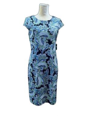 Liz Claiborne Womens Shift Dress Black Green Paisley Midi Retro Boho Mod Size 8